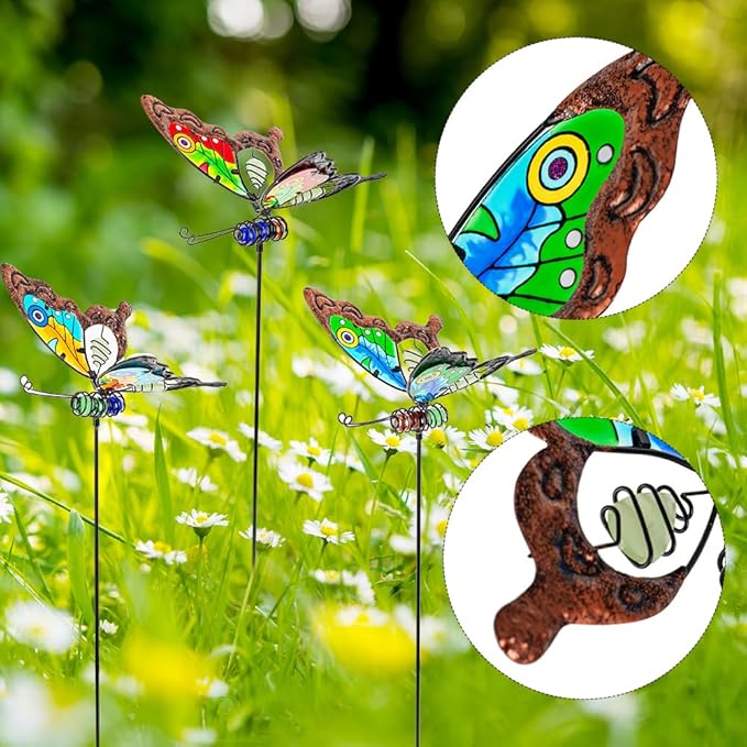 Butterfly Garden Decor for Outside,3 Pack Garden Stakes Decorative Stained Glass Butterfly Decoration Porch Yard Art Outdoor and Garden
