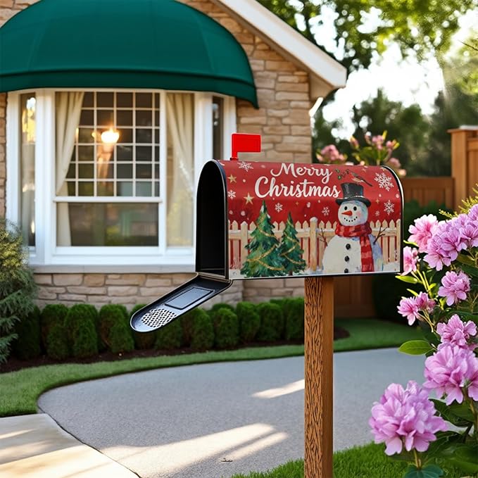 Merry Christmas Snowman Mailbox Covers Magnetic Standard Size Red Green Xmas Tree Snowflake Cardinal Outdoor Decorative Holiday Seasonal Letter Box Cases for Home Garden Outside Decor, 21x18 Inch