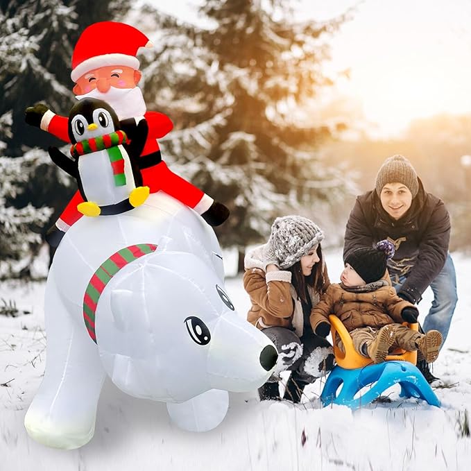 6FT Christmas Inflatable Santa Riding Polar Bear with Penguin Decorations, LED Light Up & Built-in Speaker, Blow Up Outdoor Indoor Xmas Yard Decor for Lawn Garden Party Holiday Season