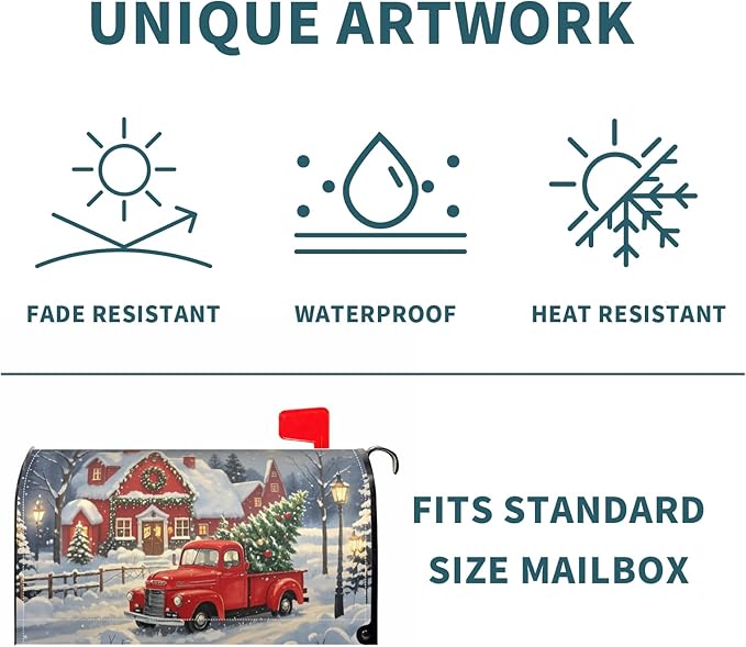 Christmas Mailbox Covers Magnetic Standard Size Red Truck House Xmas Winter Scene Mailbox Wraps Holiday Themed Outdoor Decorative Letter Box Cases for Home Garden Outside Decor, 21x18 Inch