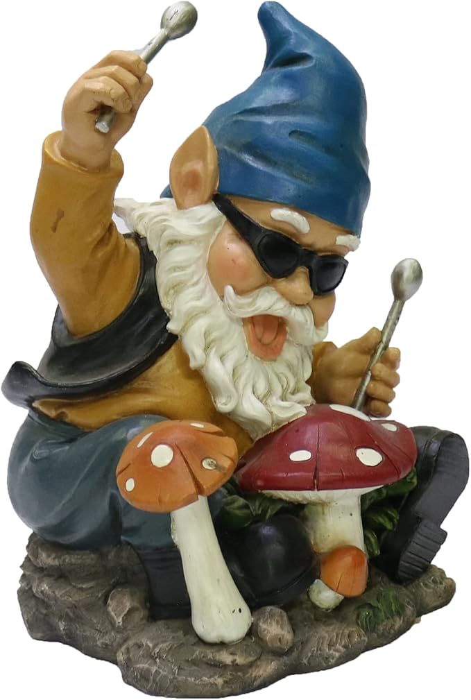 Nature's Mark Rock n Roll Gnome in a Band Playing Drums Resin Statue Figurine Home Garden Decorative Accent Décor (8" H)