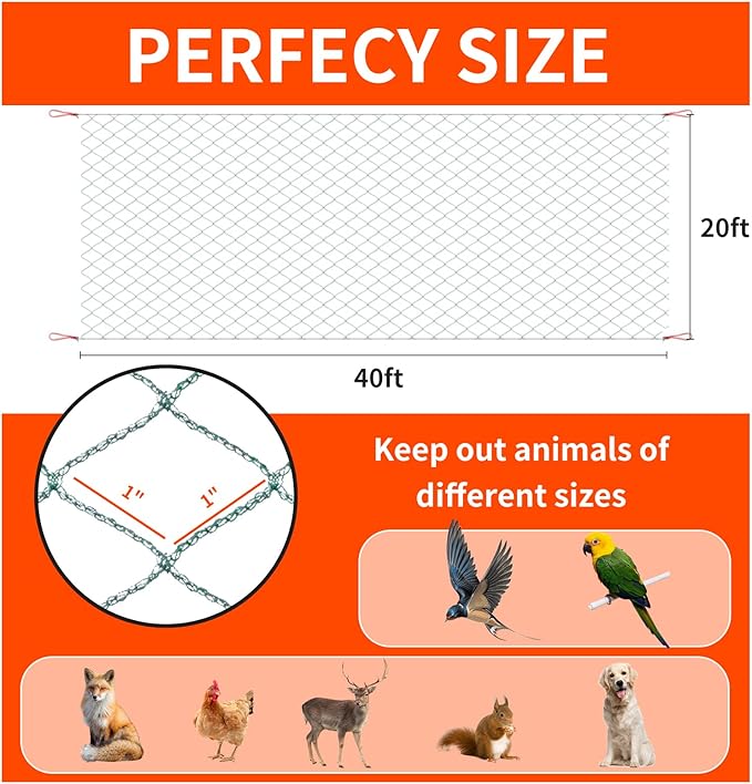 Bird Netting 20'x40' with 1" Square Mesh Bird Net Garden Netting for Chicken Coop, Aviary, Deer Fence, Chicken Netting Fruit Tree Netting