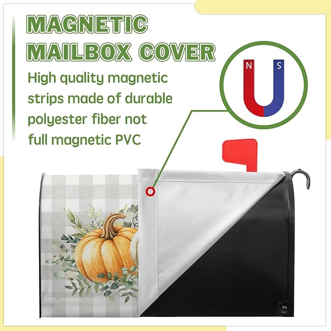 Pumpkin Mailbox Cover Harvest Fall Mailbox Covers Magnetic Standard Size 21x18 inch Green Eucalyptus Leaf Mail Box Covers Pumpkins Decorative Mailboxes for Outside Garden Buffalo Plaid
