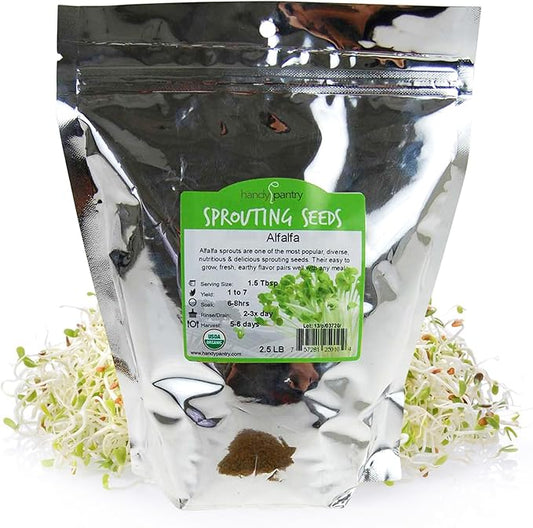 Certified Organic Alfalfa Sprouting Seed- 2.5 Lbs - Handy Pantry Brand - High Sprout Germination- Gardening, Growing Salad Sprouts, Planting, Food Storage & More
