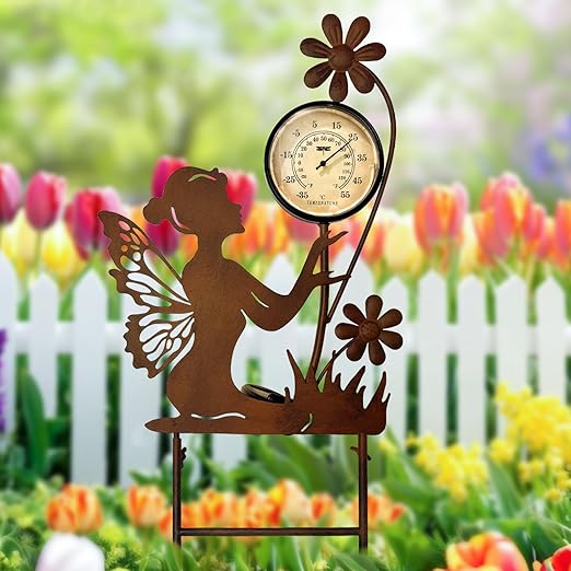 HONGLAND Solar Outdoor Temp Stakes Outdoor Thermometers for Outside Metal Fairy Waterproof Patio Lawn Temperature with Solar Warm LED Lights for Yard and Garden, Holiday Gifts for Woman