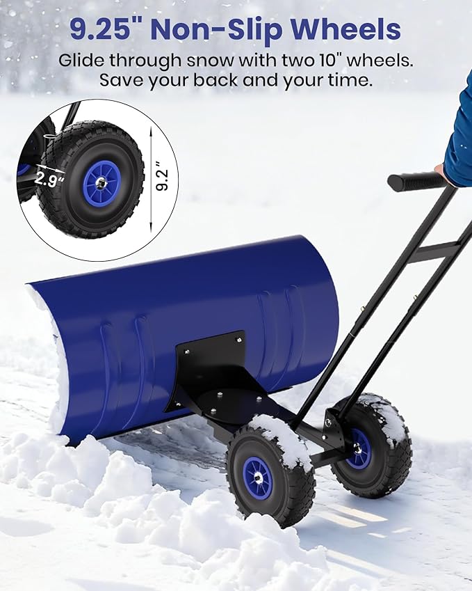Snow Pusher with Wheels for Driveway, 36" Wide Heavy Duty Steel Blade, 7-Position Angle Adjustment & 60° Tilt Handle, Ergonomic Push Snow Shovel with Ground Protection for Effortless Snow Removal