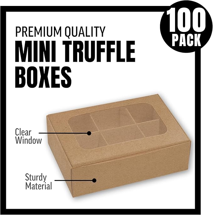 100 pcs Kraft Mini Truffle Box for 6 treats with Window and Dividers, Bakery Boxes, 5 x 3.5 x 1.57 Inches VERY SMALL Baking Boxes, Square Truffles Decorating Supplies for Gift Giving