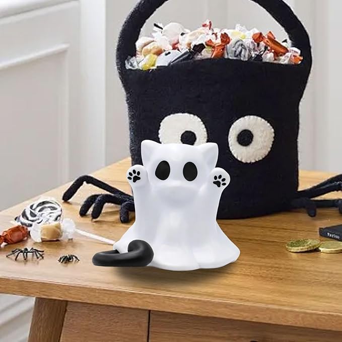 1 Pcs Halloween Ghost Figurine Cute Spooky Unique Cat Design Cartoon Mini Figurines Desk Ornament Decorations Indoor for Halloween Decor Home Table Bedroom Office Desktop Display Ornaments