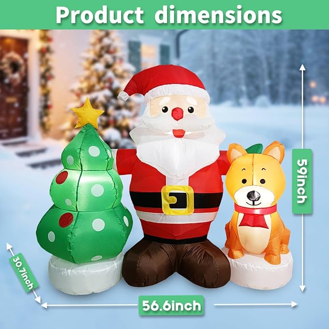 5FT Christmas Inflatable Santa Set with Dog & Tree Blow up Lighted Yard Decoration Suitable for Christmas Indoor Outdoor Xmas Yard Party Holiday Garden Decor