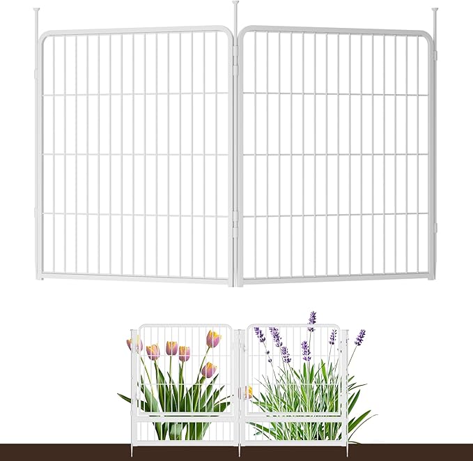 SunsGrove Garden Fence 32 in(H) x 4.5 ft(L) 2 Panels, Heavy Duty Metal Animal Barrier Fence for Dogs, Easy No-Dig Setup, Decorative Dog Fences, White