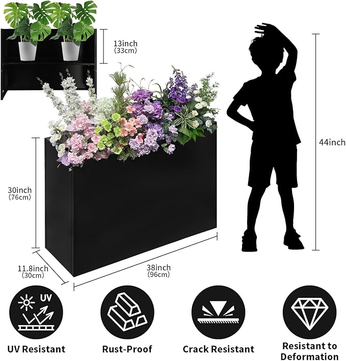 Rectangle Planter-38 L x 12" W x 30" H Tall Black Metal Large Planter Boxes Outdoor Pots,Flowers Pot Garden Porch Patio Privacy