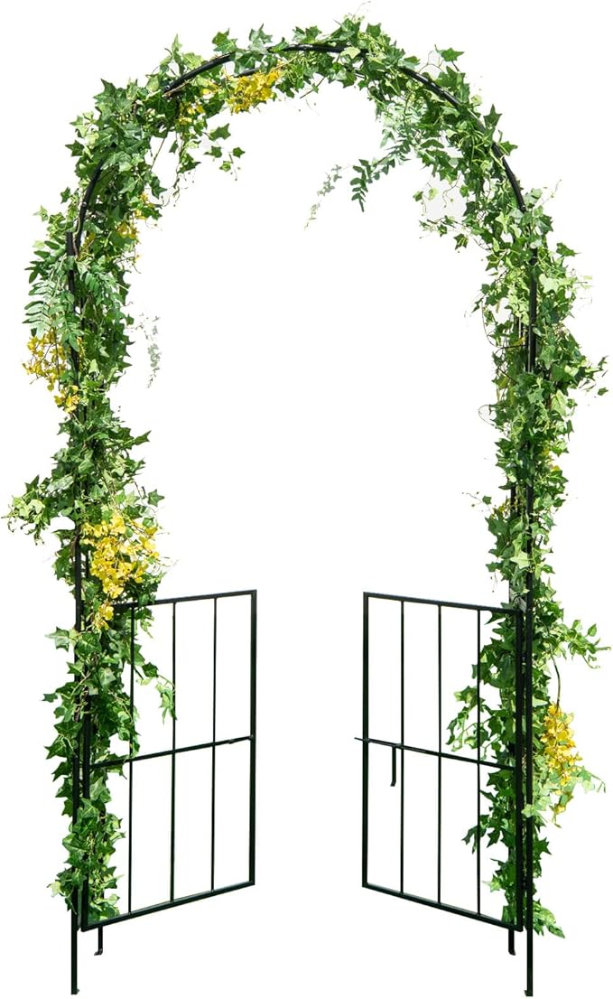 Giantex Garden Arbor Trellis with Door, 7.5FT Metal Garden Arch with Gate and Stakes for Climbing Plants Rose Vine, Arbors and Trellises Pergola for Lawn Patio Wedding Bridal Party Decoration