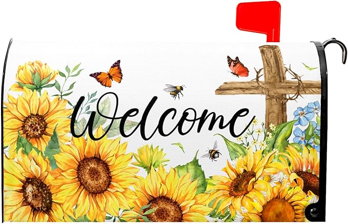 Summer Welcome Sunflower Mailbox Cover Magnetic Standard Size 25.5" X 21" Flower Wraps for Post Letter Box Decor Outside Garden Yard Home Outdoor Decoration