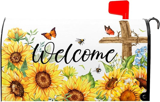 Summer Welcome Sunflower Mailbox Cover Magnetic Standard Size 25.5" X 21" Flower Wraps for Post Letter Box Decor Outside Garden Yard Home Outdoor Decoration