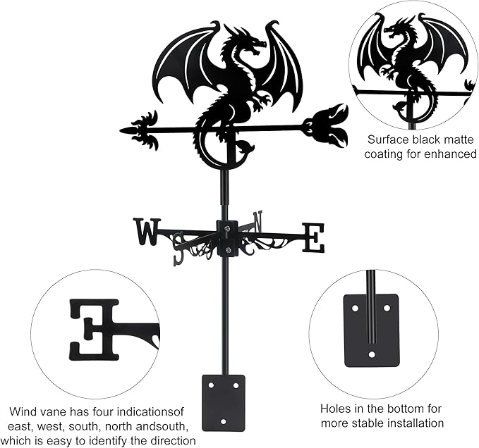 Dragon Wind Weathervanes Metal Weather Vane for Roof Mount Wind Direction Indicator Outdoor Weather Vanes Yard Patio Wind Vanes for Outside Yard Farm Garden Patio Decoration