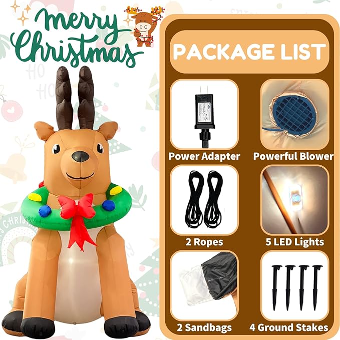 Christmas Inflatables Outdoor Decorations, 7FT Giant Reindeer Inflatable Yard Decor, Cute Xmas Blow Up Deer with Led Lights for Indoor Holiday Party Winter Outside Lawn Garden