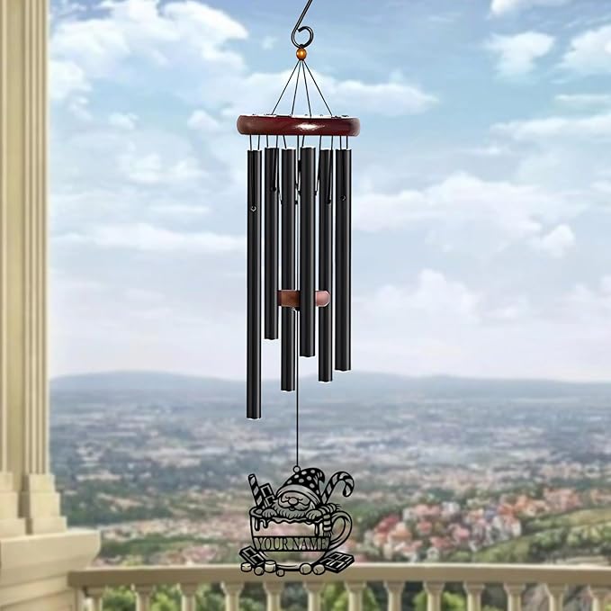 Personalized Customize Name Gnome Wind Chime, Metal Iron 37 Inch Outdoor Memorial Gift for Garden Yard Patio Home Decor, Black，Christmas (Style D)