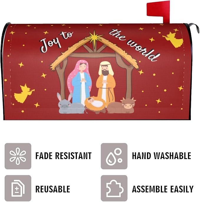 Chrismas Joy to The World Mailbox Cover, Winter Holiday Outdoor Magnetic Mailbox Cover, Post Letter Box Decor for Religious Xmas Jesus Nativity Scene Garden 25.5 X 21