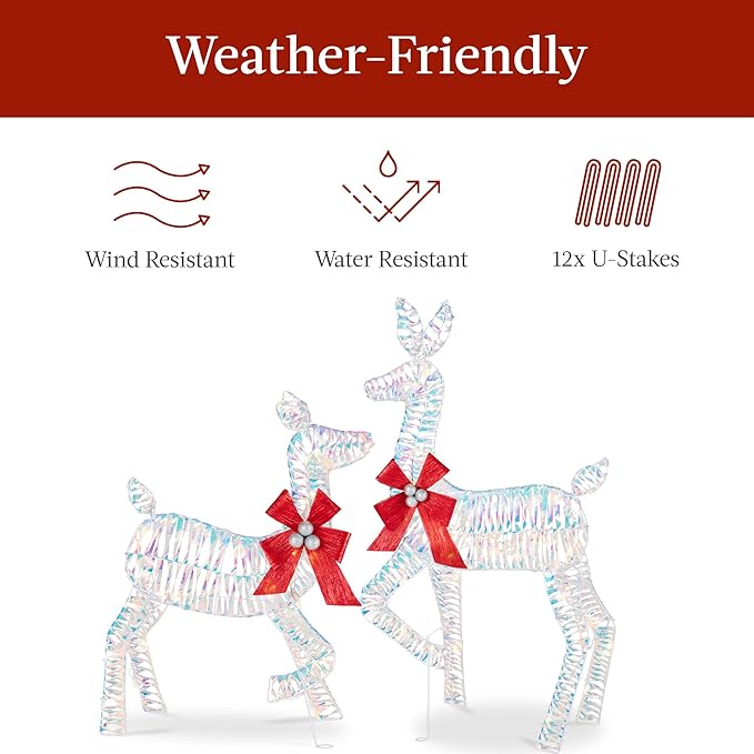 Best Choice Products 4ft 3-Piece 2D Lighted Christmas Deer Family Set, Large Outdoor Yard Reindeer Holiday Decoration with 175 LED Lights, Stakes, Zip Ties - Iridecent