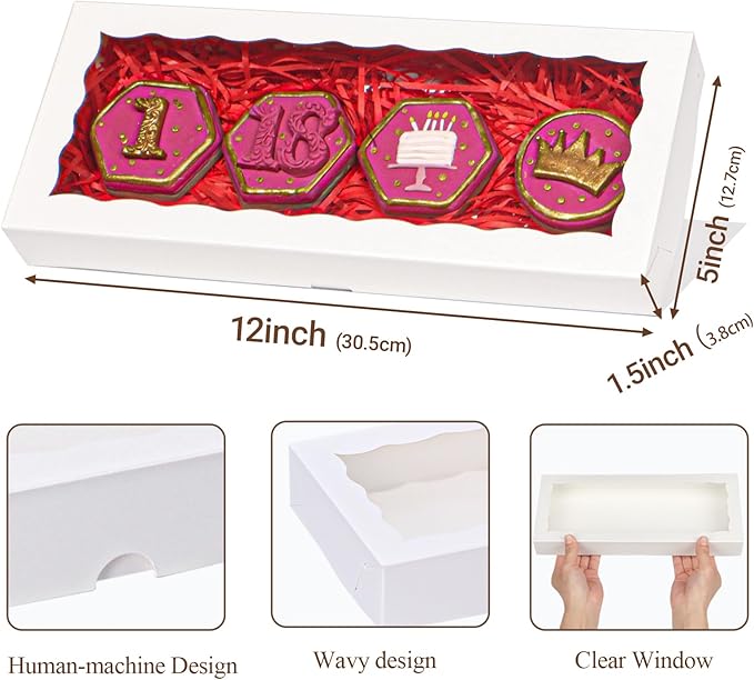 24pcs 12x5x1.5Inches White Bakery Boxes with Window Cookies Boxes Chocolate Truffle Boxes Cakesickle Boxes Macaron Boxes Browines Treat Boxes for Christmas Valentine's Easter Mother's Day