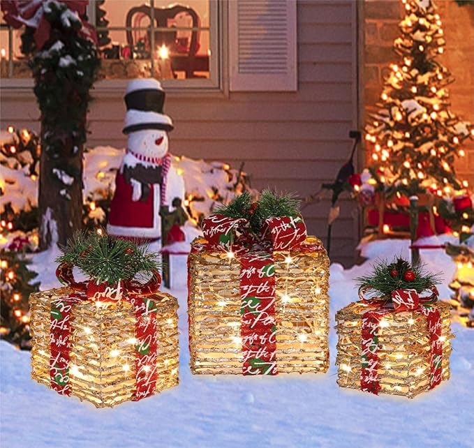 [Ultra-Large 15.5"x13.5"x11"] Christmas Set of 3 Lighted Rattan Gift Boxes Decorations Pre-lit 91 Super-Bright LED with Flashers,for Indoor Outdoor Pathway Holiday Party Home(Warm White)