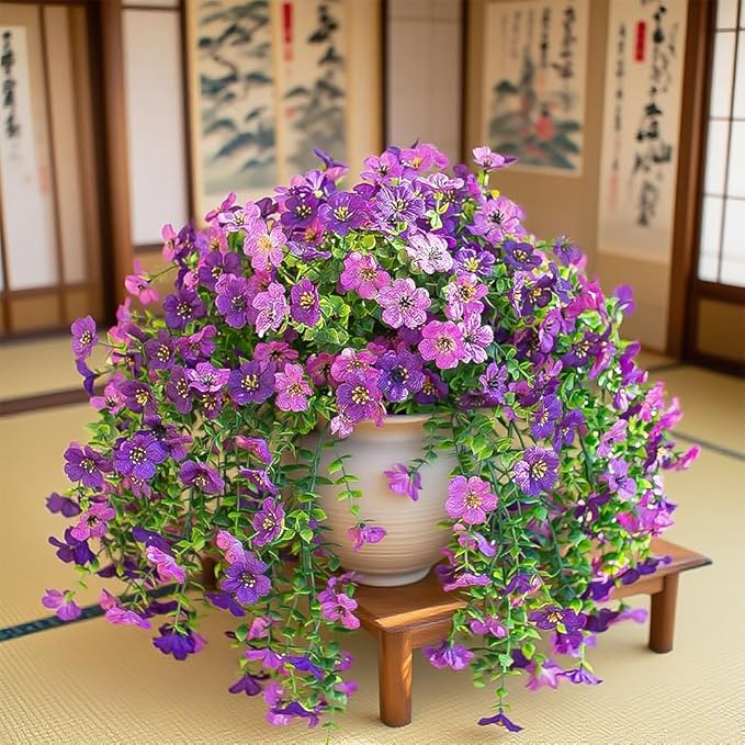 Artificial Hanging Plants Flowers Fake Outdoor Plants Artificial for Porch Hanging Faux Flowers Outdoor Home Porch Decor (2Pcs, Double Purple)