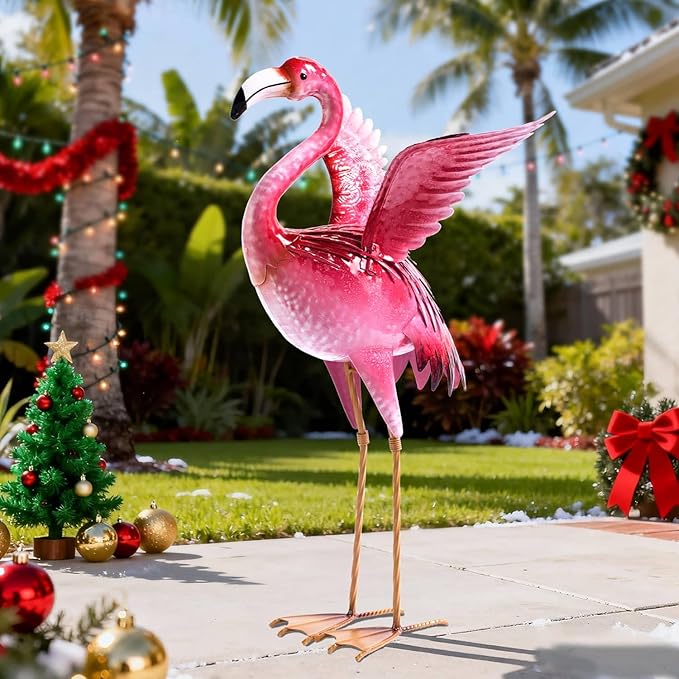 Natelf Garden Flamingo Statues and Sculptures, Outdoor Metal Bird Yard Art, Pink Flamingos Lawn Ornament for Patio Backyard Porch Decorations