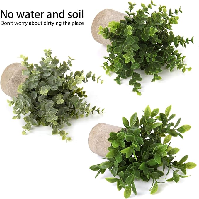 Briful Artificial Potted Plants Set of 3 Small Faux Plant Eucalyptus Mini Fake Plant Decor for Home Table Office Room Desk Bathroom Shelf Kitchen Rustic Farmhouse Mantel Decoration