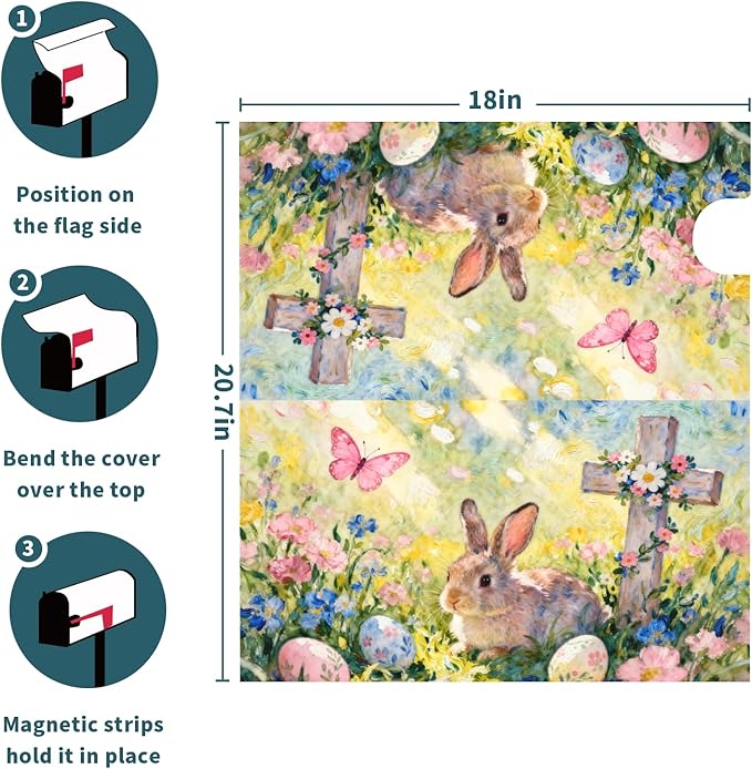 Easter Mailbox Covers Magnetic Standard Size Cute Bunny Yellow Pink Blue Floral Cross Egg Spring Holiday Outdoor Seasonal Decorative Letter Box Cases for Home Garden Outside Decor, 21x18 Inch
