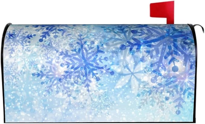 Winter Snowflakes Mailbox Cover Magnetic, Xmas Blue White Falling Snow Waterproof Mailbox Wrap Post Cover for Yard Garden Outside Home Seasonal Decor, Large Size 25.5x21 Inch