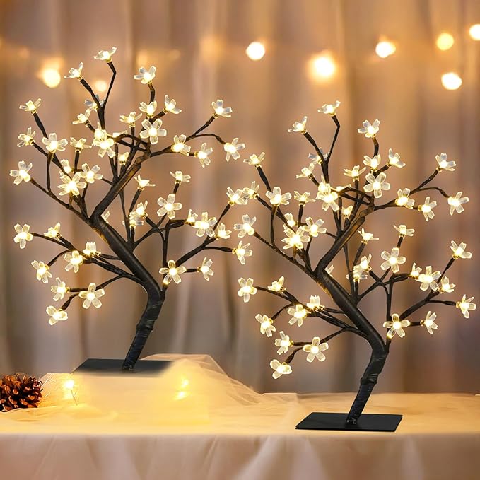 PEIDUO Set of 2 Lighted Cherry Blossom Tree, Light up Bonsai Tree for Christmas Decorations, Warm White Lights Plug in Adapter, Tabletop Night Light Artificial Tree for Indoor Bedroom Living Room