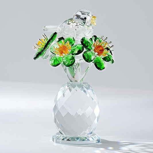 Crystal Bird & Forget-Me-Not Flower Figurine,3x4 inch Glass Flower Collectible Ornaments for Home Decor Table Centerpiece Glass Bouquet Flowers Keepsake Gifts for Women （Green）