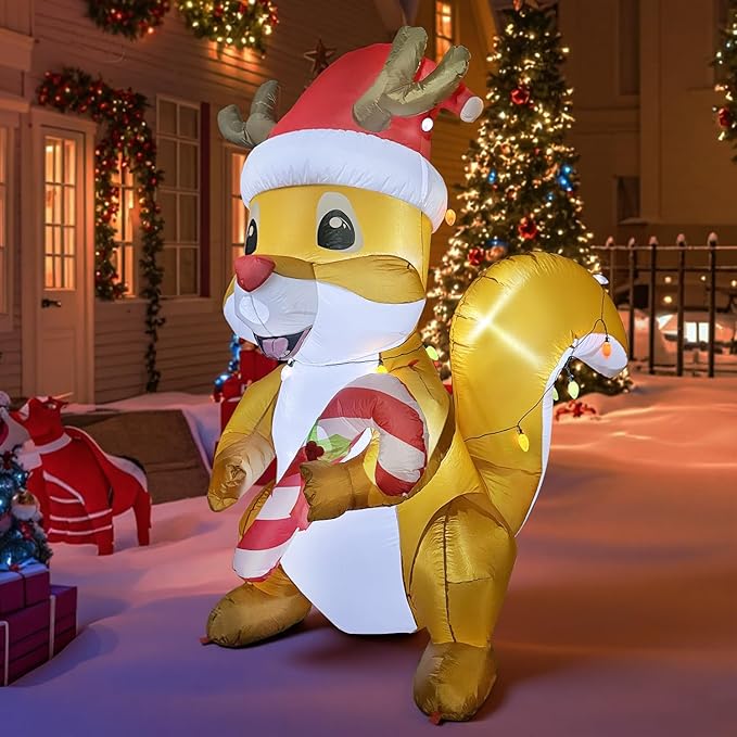 6FT Christmas Inflatables Squirrels Wrapped Colorful Lights, Funny Christmas Blow Ups Squirrels Decoration, Built-in LEDs for Holiday Party Front Garden Lawn Yard Patio Outdoor