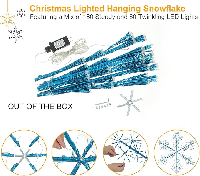 Hanging Christmas Snowflake Lights, 30’’ Large Blue Snowflake with 240 Blue LEDs Twinkle for Indoor Outdoor Decorations