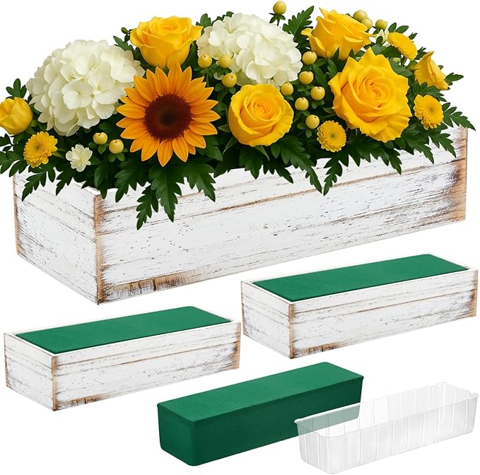 Dandat 3 Set Wood Boxes for Centerpieces 12x4 Inch Rectangle Wooden Planter Box Rustic Wooden Planters with Removable Plastic Liner Floral Foam Blocks for Christmas Wedding Home Garden Decor