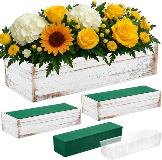 Dandat 3 Set Wood Boxes for Centerpieces 12x4 Inch Rectangle Wooden Planter Box Rustic Wooden Planters with Removable Plastic Liner Floral Foam Blocks for Christmas Wedding Home Garden Decor