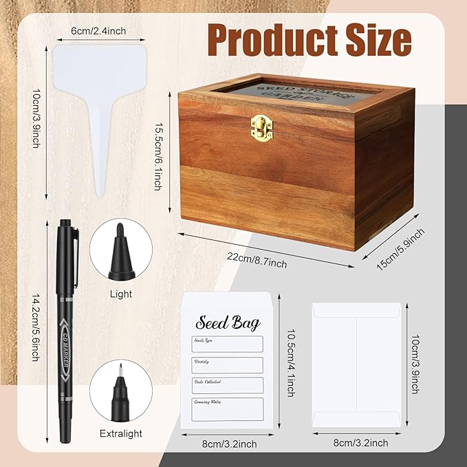 Seed Storage Box Seed Packet Organizer with Lid Seed Container with 100 Plant Labels 50 Envelopes 2 Marker Pens 3 Compartments Garden Seed Bin with Locks for Seed Saver Garden Lover