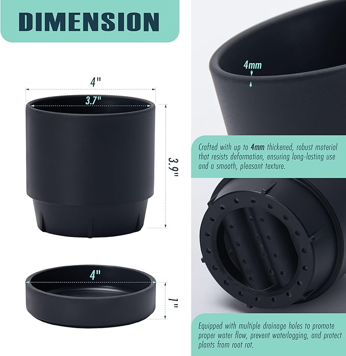 4 Inch Modern Plastic Round Pots for Indoor Houseplants and Herbs, Pack of 3 Planter Pot with Drainage Hole & Saucer, Deep Water Catch Tray, Straight Cylindrical Pot for Plants, Matte Black, 23-D-R-2
