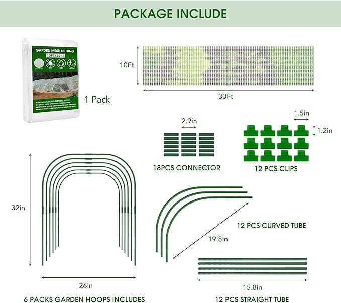 Garden Mesh Netting Kit - 10x30ft Ultra Fine Mesh with 6 Sets Hoops & 12 Clips, Bird Netting Protection for Fruit, Vegetable, Flowers & Animals, Greenhouse Cover