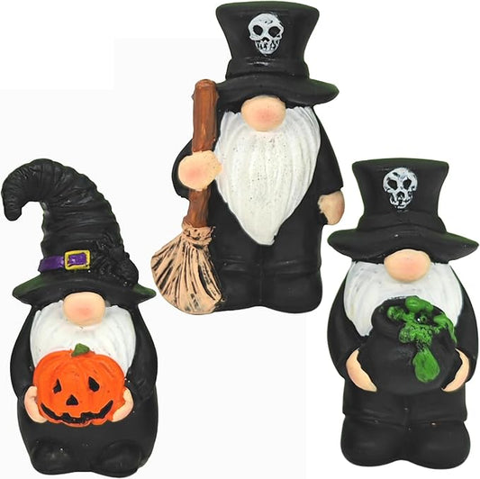 Dark Wizard Gnomes Set of 3 - Gothic Mini Figurines for Halloween, Christmas & Magic Party Decor, Shelf Sitters and Tiered Tray