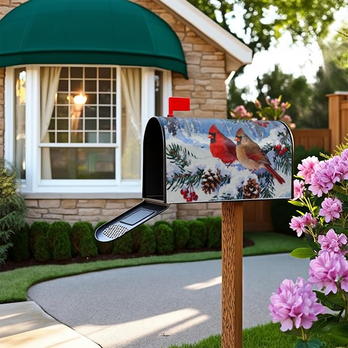 Winter Christmas Cardinal Mailbox Covers Magnetic Standard Size Pinecone Holly Twig Bird Snow Scene Holiday Outdoor Decorative Seasonal Letter Box Cases for Home Garden Outside Decor, 21x18 Inch