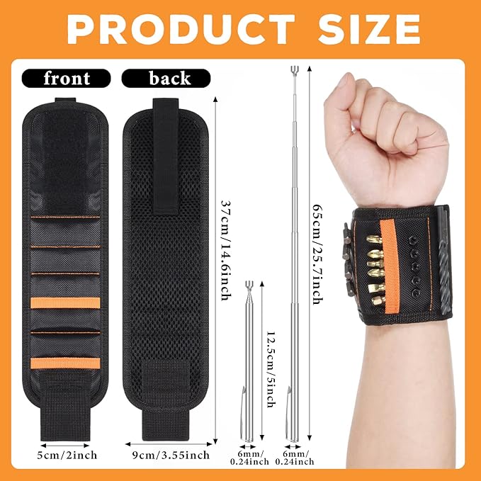 Minatee 12 Pcs Gifts for Christmas Magnetic Wristband Retractable Magnetic Pickup Tool Magnet Wrist Belt Tool Holder with 15 Magnets for Holding Screws Nails Drilling Bits for Men Dad Husband