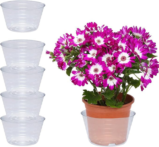 Curtis Wagner Plastics Plant Tray Basket Liner (5-Pack) - Clear, Deep (Diameter = 4 top, 2.87 Bottom, 2.37 Depth) Thin Plastic for Indoor or Garden - Clear, Black & Terracotta Floor Savers