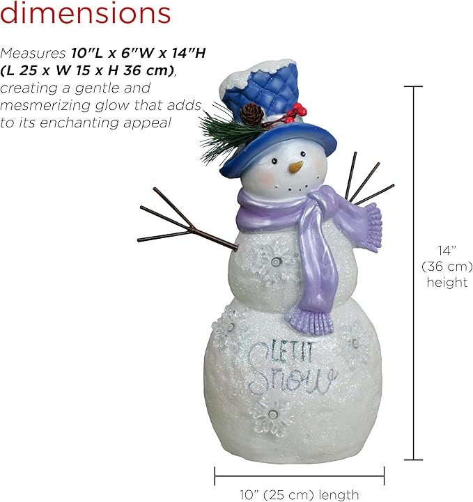Alpine Corporation 14”H Lavender Winter "Let It Snow" Snowman Statue with Fading LED Lights, Christmas Decor