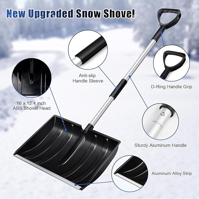 Large Portable Snow Shovel for Driveway, Sidewalk, Decks: Snowshovel 52-Inch Extended Lightweight Snow Shovel for Snow Removal with Ergonomic D-Grip Handle and Aluminum Blade for Car, Camping Black