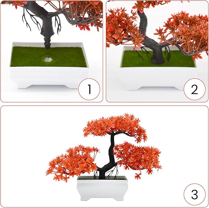 Mini Artificial Bonsai Tree Plants with Plastic Cement Pots for Home Office Décor(Orange)