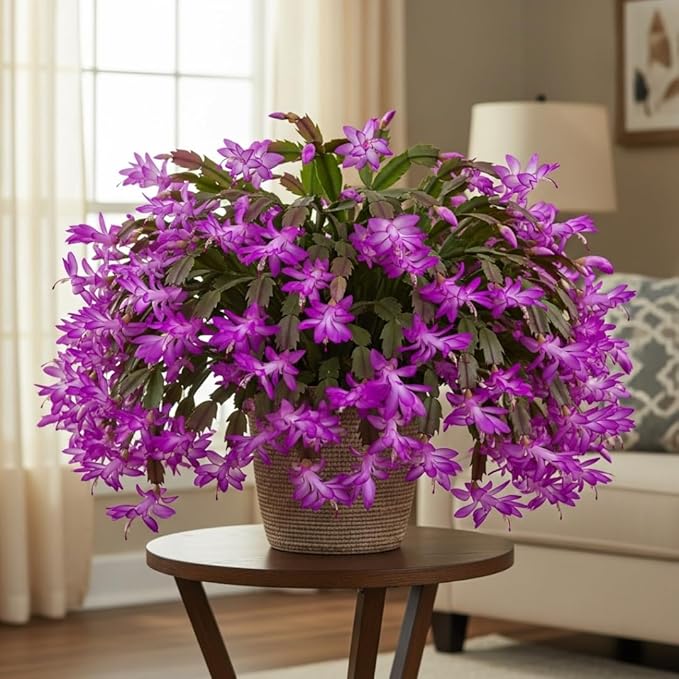 1 Thanksgiving Christmas Cactus Plants Live in 4" Pot, Houseplant Holiday Cactus, Vibrant Single Color Blooms Indoor Outdoor, Zygocactus Like, Winter Hardy (Purple)