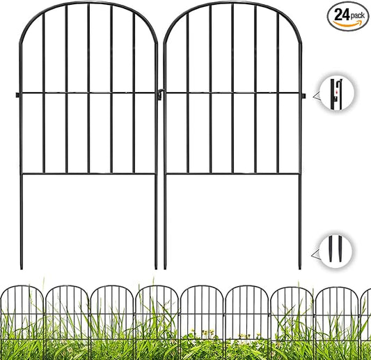 Decorative Garden Fence 24 Pack Black,24 Ft (L) X 24 in (H) Animal Barrier Fences for Small Dog, Garden Fencing Border, Arched Rustproof Metal Fence Outdoor Flower Bed Landscape Decor