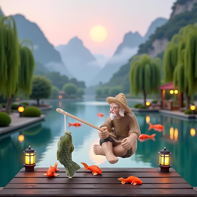 2Pcs Miniature Fisherman Figurine, Chinese Mudman Sitting Garden Statue, Outdoor Ornament Decor