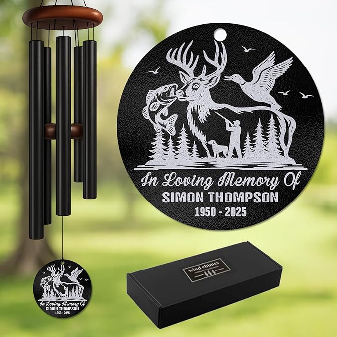 Personalized Hunter & Fisherman Memorial Wind Chime – Custom Wildlife Engraved “in Loving Memory” Outdoor Sympathy Gift – Remembrance Gift for Loss of Loved One – Rustic Windchime Tribute